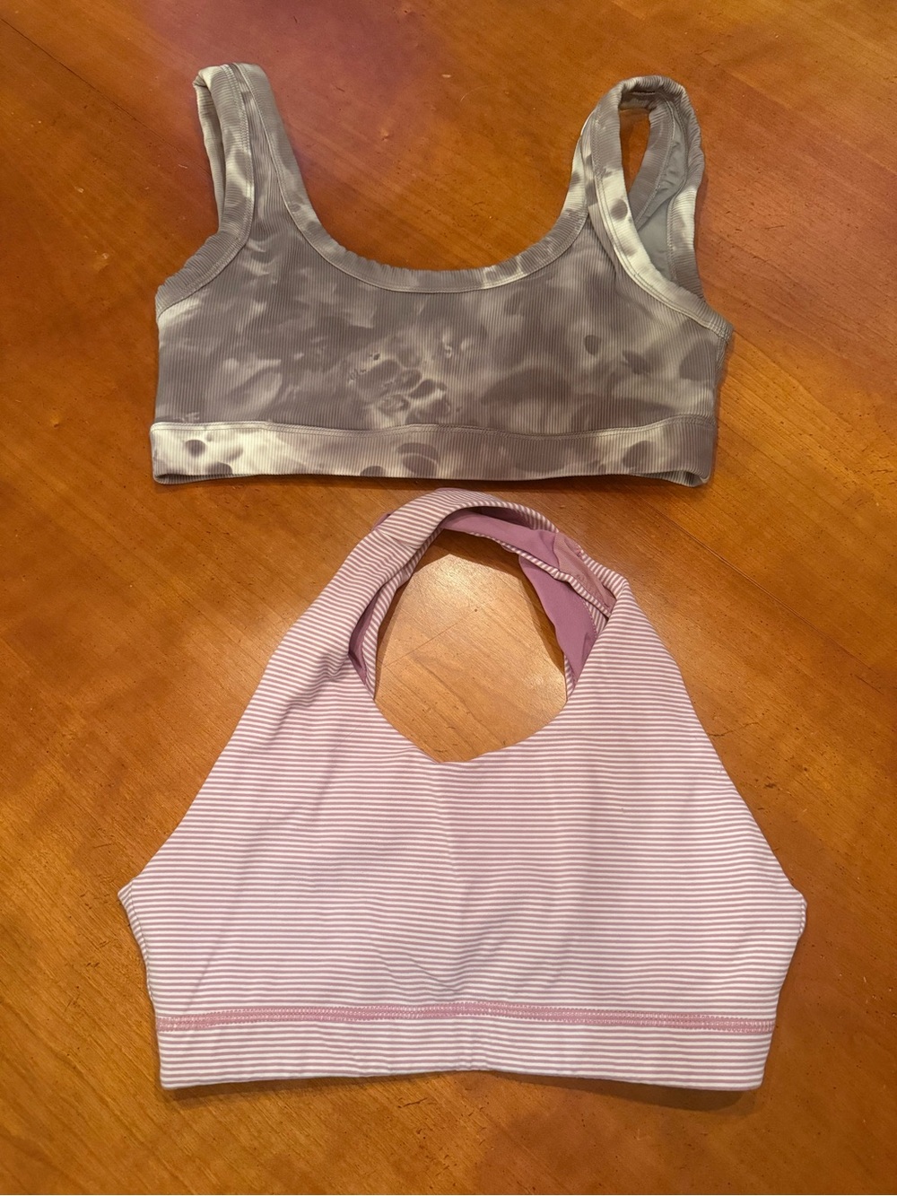 Glyder Gray Tie Dye Scoop Bra & Pink Striped Halter Bra Two-Pack